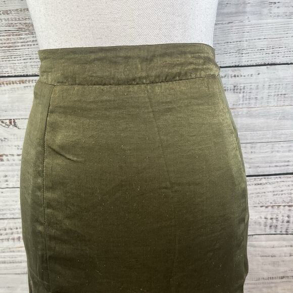 Mystree Skirt size Large Olive Green Satin Midi A Line Modest Church Casual Slim - Picture 3 of 11